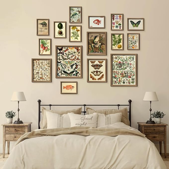 16 PCS Vintage Wall Art Decor, Botanical Cottagecore Wall Collage Kit for Bedroom, Farmhouse Posters for Room Aesthetic, Wall Prints Pictures for Living Room, Rustic Dorm Gallery Home Decor