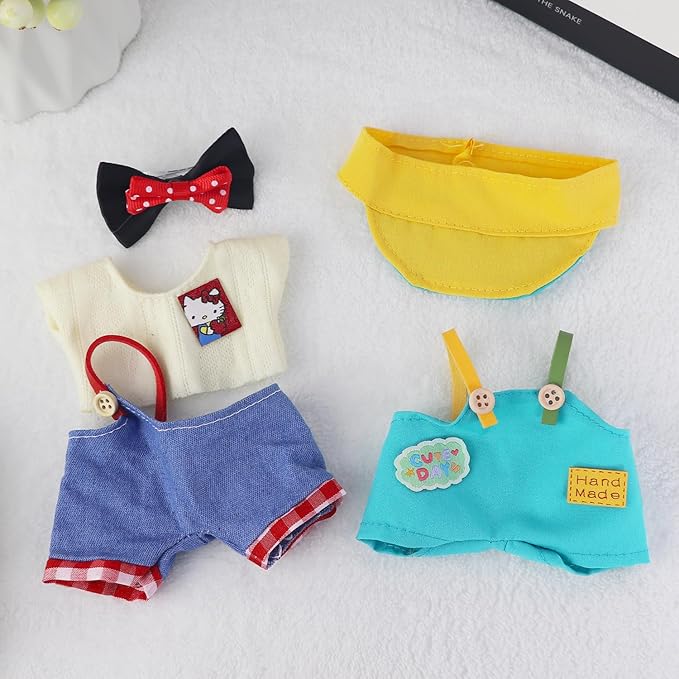 5-Piece Doll Clothes Set for 15cm & 17cm Mini Dolls – 2 Sets Outfits Accessories Suit with Bow Clip, Bib Pants, T-Shirt, and Hat for 17cm Doll (No Dolls & Shoes)