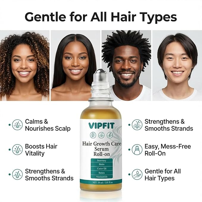 Hair Growth Care Serum Roll-On with Rosemary, Niacinamide, Amino Acids, Ginger, Biotin, Castor Oil, Batana & Caffeine, Nourishes Scalp for Thicker-Looking, Healthy Glow Hair, 30ml