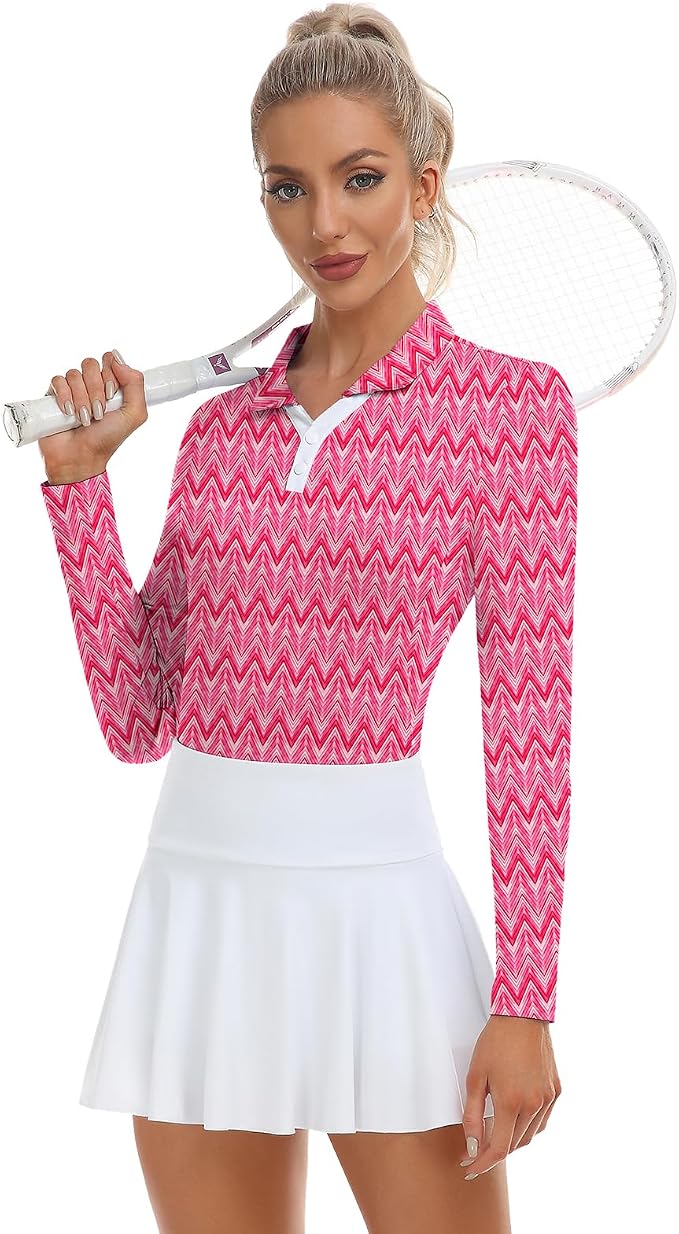Soneven Womens Golf Shirts Moisture Wicking V Neck Long Sleeve Polo Shirts Collared Tops