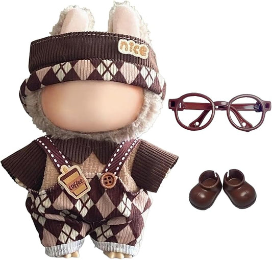 17cm Doll Clothes – 5-Piece Set, Hat + Overalls + Shirt + Glasses + Shoes, Cute and Premium Dolls Outfit Accessories (Brown Coffee)