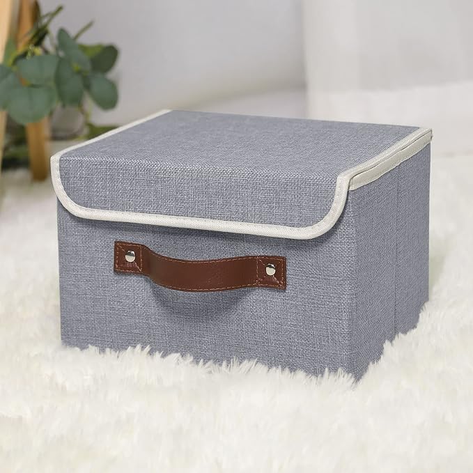 ANMINY Fabric Storage Box Bins with Lids, Gray, 10"x8"x7" | Keepsake Memory Storage, Cotton Linen, PP Board Reinforced, Washable, PU Handles, Foldable & Stackable, Decorative, Small