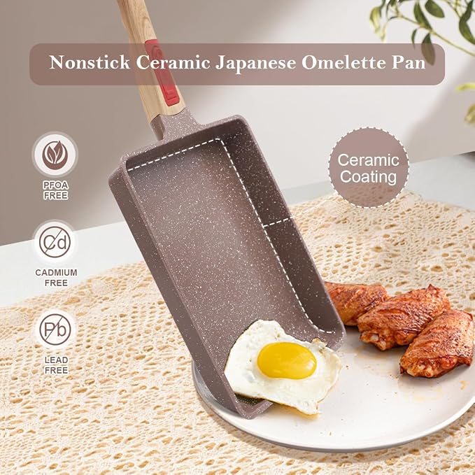 AIKENBBKK Tamagoyaki Pan Ceramic, Japanese Omelette Pan Nonstick, Japanese Egg Pan, Square Egg Pan, Induction-Ready, Detachable Handle, with Silicone Spatula, PFAS & PFOA-Free, Oven Safe,Brown,9"x8.2"