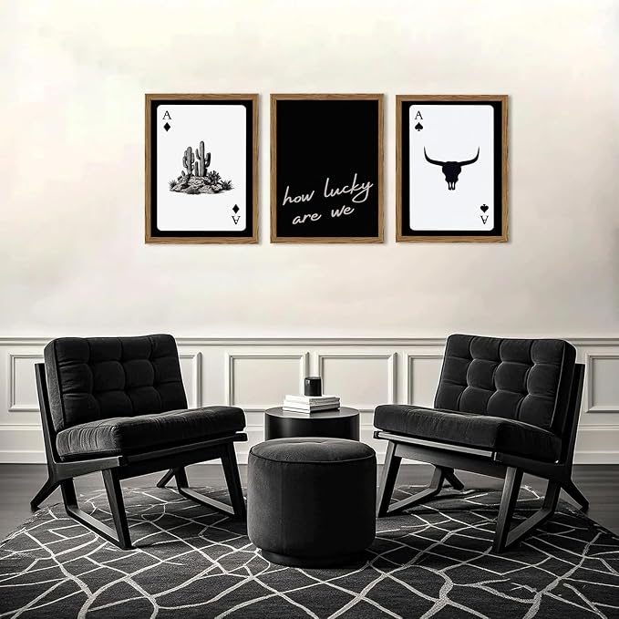Western Wall Art Set of 3, Southwestern Cowboy Playing Card Wall Decor, Longhorn Bull Skull and How Lucky are We Poster Canvas Painting Prints for Bedroom Living Room 12x16 inch Wood Framed