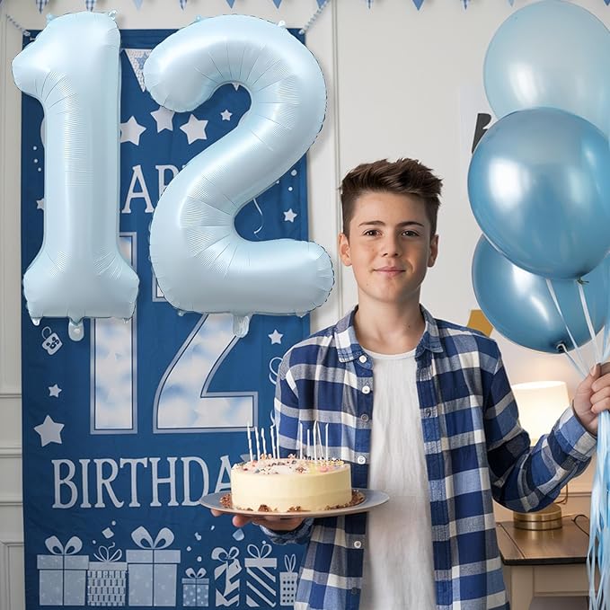 Foil 12 Balloon, Light Matte Sky Blue Big Number 12 Balloons for Boys Birthday Party Decor, 40 Inch Mylar Helium Number 12 Pastel Baby Blue Balloon for 12th Birthday Party Anniversary Decorations