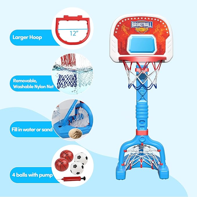 PJG Toddler Basketball Hoop & Soccer Goal, Adjustable Indoor Basketball Hoop for Kids, Baby Toy Mini Basketball Hoops with 4 Balls for Boys and Girls Birthday