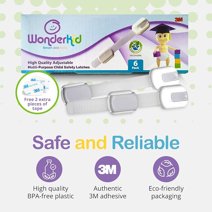 Adjustable & Reusable Child Safety Cabinet Locks & Latches, Baby Proofing Door Window, Cabinet, Toilet, & Refrigerator Lock, Child Safety Strap Locks with Adhesive Pads, Pack of 6, Silver - Wonderkid