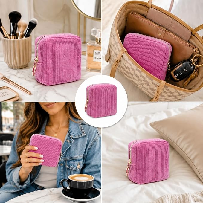 Period Bag for Girls, Corduroy Period Kit with Sanitary Pad Pouch, Menstrual Storage Bag and Tampon Holder for Purse, Girls School Essentials,Feminine Care Organizer(Rose Red)