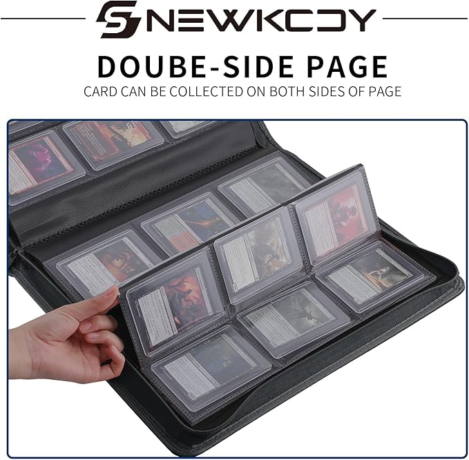 Snekdy Top loader Binder, 9 Pockets Top Loader，Holds 360 Top Loaders cards, Card binder with Sleeves for card in 3 x 4 inches color smooth Zipper PU Leather (Black)