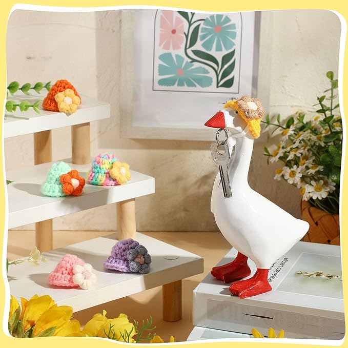 Geyoga 6 Pcs Mini Knitted Hats 7 Inch Goose Outfits Hat with Adjustable Strap Mini Porch Goose Headwear for Statue Key Holder