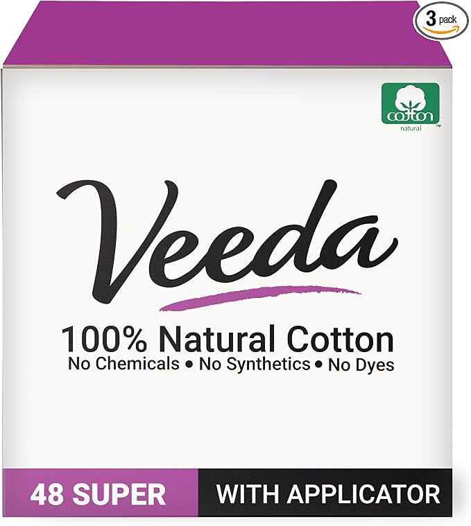 Veeda 100% Natural Cotton Tampons - Super Absorbency with leak proof protection - Compact BPA-Free Applicator - Unscented & Free from Chlorine, Toxin - 48 Count