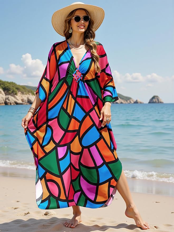 Mumu Dresses for Women Plus Size, Bohemian Kaftan Beach Cover Up Long Maxi Nightgown Soft Loungewear