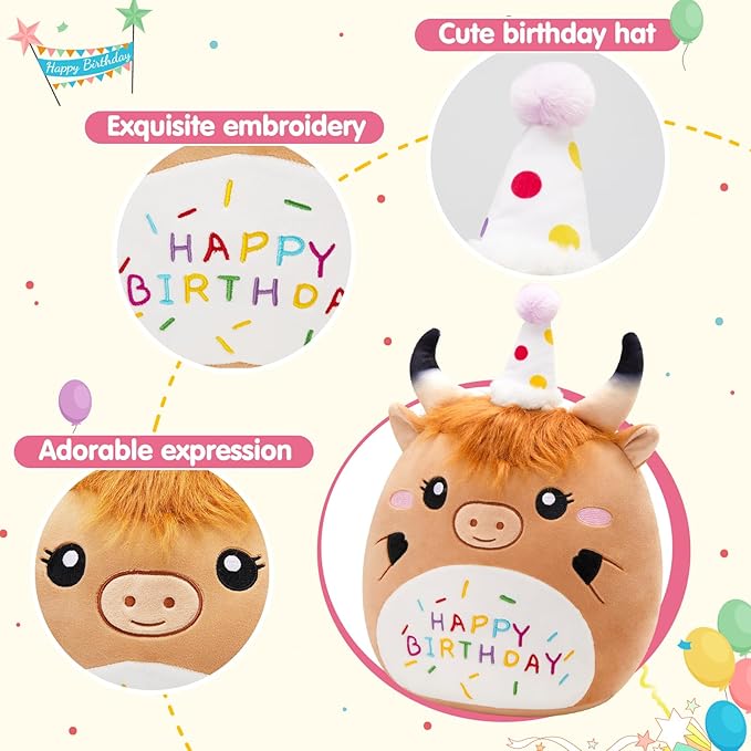 12'' Birthday Highland Cow Plush Pillow, Cute Scottish Highland Cow Stuffed Animal, Happy Birthday Plush Toy Party Decor Gifts for Kids Boys Girls