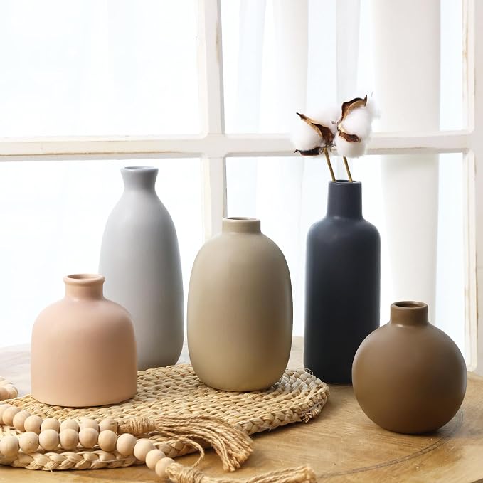 CUCUMI Ceramic Vase Set of 5, Home Decor Farmhouse Décor Handmade | Pottery Vases for Pampas Grass, Dried Fresh Flowers, Table, Living Room, Kitchen, Shelf, Entryway Mantel Neutral Tones