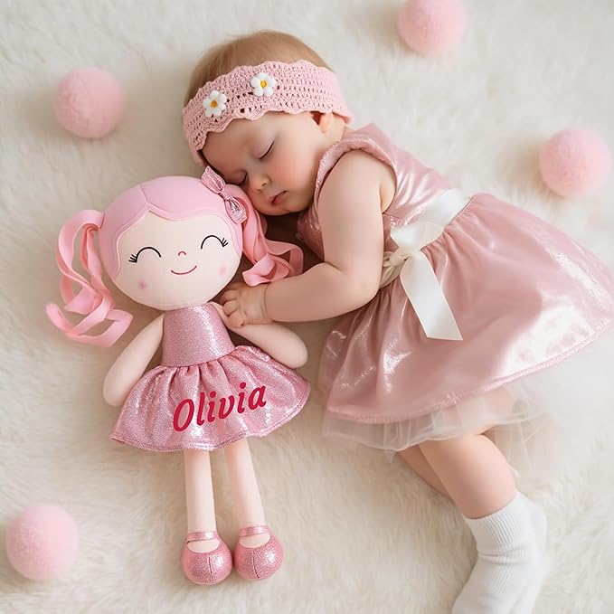 Gloveleya Personalized Baby Doll – 12” Soft Rag Doll with Custom Name Printing, Curly Hair Pink Dress, Keepsake Plush Toy, Perfect Birthday, Christmas for Girls
