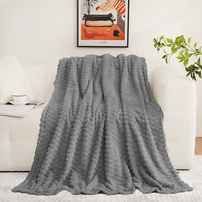 Puncuntex Grey Throw Blanket 90"×90" inches Fuzzy 3D Jacquard Decorative | Flannel Fleece Super Soft Plush Cozy Blanket for Couch Sofa Chair Lightweight