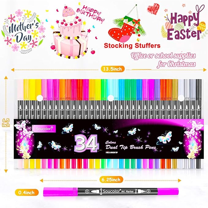 Soucolor Art Brush Markers Pens for Adult Coloring Books, Christmas Gifts Stocking Stuffers for Teen Girls Art Supplies, 34 Colors Numbered Dual Tip (Brush and Fine Point) Drawing Markers for School