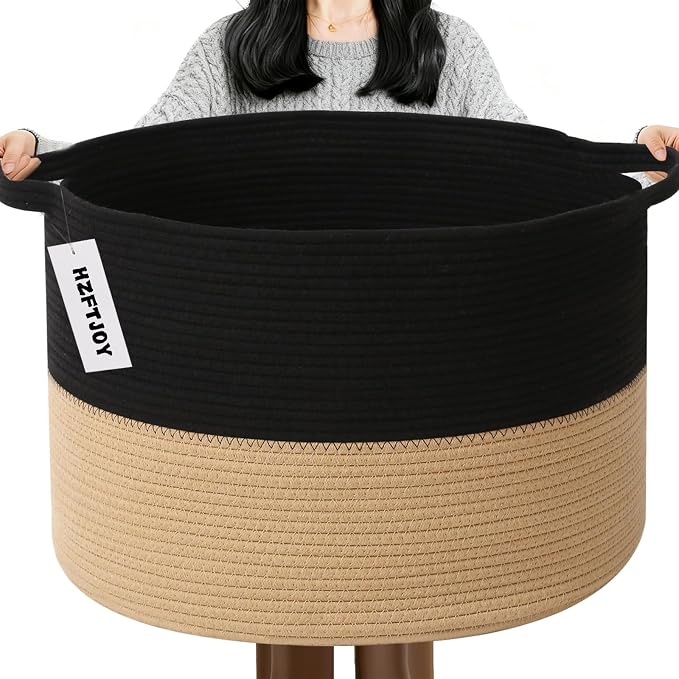 65L Large Blanket Basket,Woven Laundry Basket-Black&Camel | Collapsible, reinforced handles, nursery storage bin organizes clothes, toys and pillows for living room, bedroom bathroom