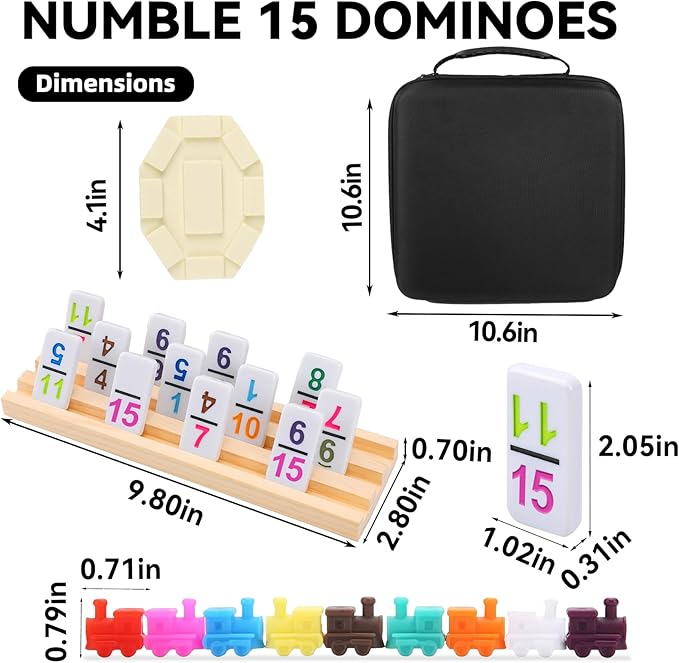 Double 15 Mexican Train Dominoes Set with 8 Wooden Holders, 136 Number Tiles Portable Travel Board Game for Kids and Adults Family Game Night