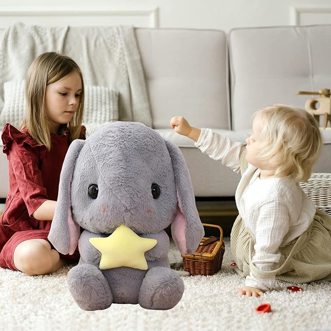 HOUPU Soft Toy - Sitting Lop Eared Rabbit, Easter White Rabbit Stuffed Bunny Animal with Carrot Soft Lovely Realistic Long-Eared Standing Pink Plush Toys (Gray-Star,16.9in/43cm)