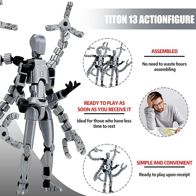 Assembly Completed T13 Action Figure 3D Printed Multi-Jointed Movable T 13 Lucky 13 Dummy 13 Nova 13 Robot 13 Action Figure Desktop Decorations for Game Lovers (Grey, 7.2 Inch)