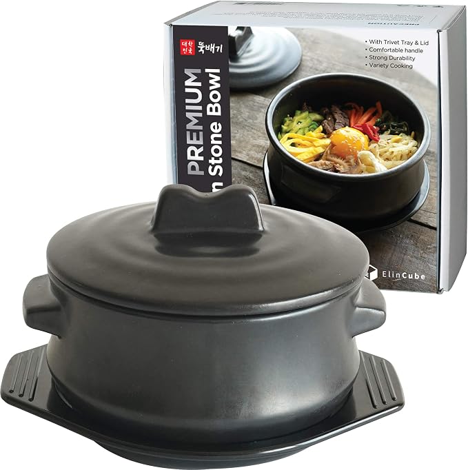 Premium Korean Stone Bowl with Lid and Tray Set, 37 oz Dolsot Hot Pot for Bibimbap and Soup, Sizzling Ceramic Cookware