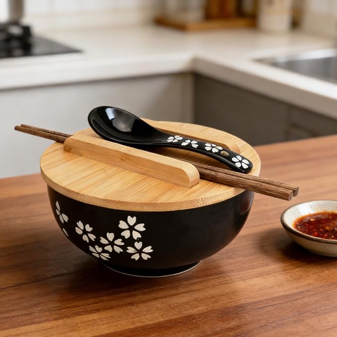 Black Ceramic Bowl Set with Lid, Spoon & Chopsticks - Japanese Traditional Style Tableware, All-in-One Bowl for Soup, Rice, Noodles, Ramen