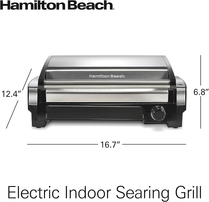 Hamilton Beach Electric Indoor Searing Grill with Adjustable Temperature Control to 450F, 118 sq. in. Surface Serves 6, PFAS-Free Removable Nonstick Grate, Stainless Steel (25360) | Adjustable Temperature Control To 450°F | 118 sq. in. PFAS-Free Remova...
