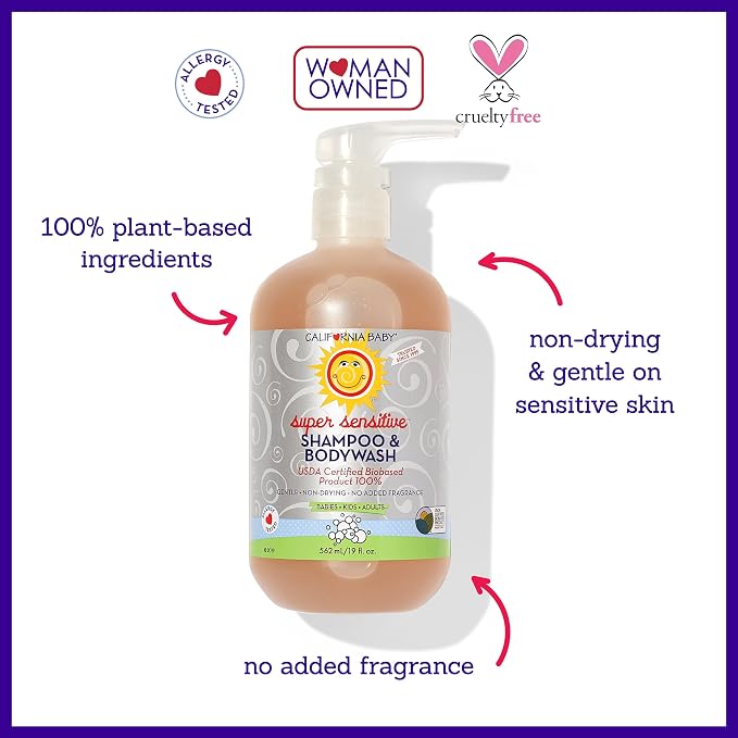 California Baby Super Sensitive Baby Shampoo + Baby Wash | 100% Plant-Based | Unscented Body Wash For Sensitive Skin | Hypoallergenic | 19 oz (2-Pack)