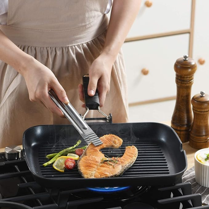 S·KITCHN Grill Pan with Folding Handle, Nonstick Grilling Pan for Stove Tops, Induction Compatible Rectangle KBBQ Pan with Pour Spouts - 13 × 9IN