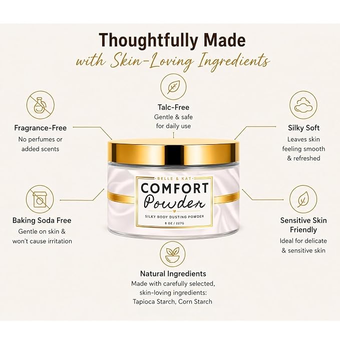 Body Powder for Women & Men, Unscented Fragrance-Free Comfort Powder, Dusting Powder, Bath Powder, All Natural, Talc Free Large 8oz Container with Soft Powder Puff, Silky Soft Smooth Skin, Made in USA