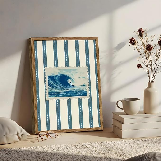 Vintage Surf Stripe Wall Art Trendy Coastal Wall Decor Painting Blue and White Beach Surf Poster Canvas Print for Bedroom Living Room Bathroom 12x16 inch Wood Framed