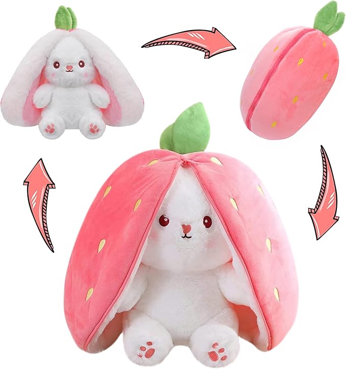 MIAODAM 13.7inch Large Easter Bunny Stuffed Animal, Kawaii Squishy Cute Easter Bunny Plush Turn Into Rabbit Fruit Doll Carrot Strawberry Pillow, Plushies Funny Bunny Toy for Baby Gifts for Girlfriend