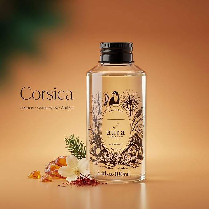 Aura Corsica | Jasmine & Amber Fragrance Oil for Diffusers | Inspired by M.F.K Baccarat Rouge | Luxury Hotel Scent | Floral Amber Aromatherapy | Home & Office | 3.4 fl oz (100ml) | Long Lasting