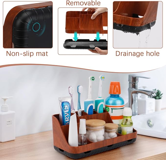 GFWARE Bathroom Decor and Accessories - Detachable 7 Slots Kids Electric Toothbrush and Toothpaste Holde for Bathroom Tray Countertop Vanity Storage, Bathroom Sink Storage Organizer, Red Wood