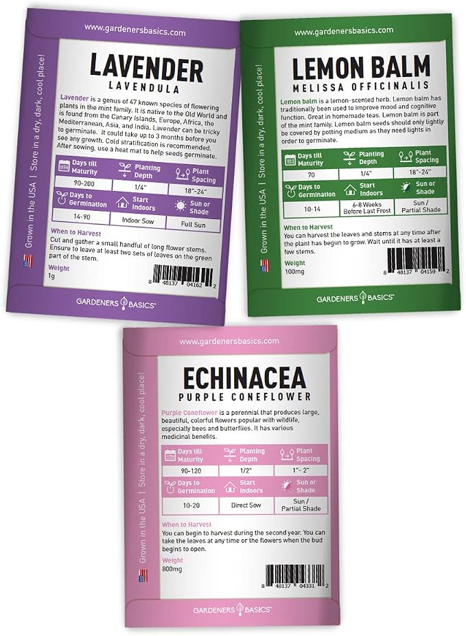 Gardeners Basics, Herbal Tea Seeds for Planting Indoors and Outdoors 5 Variety Packets Echinacea, Peppermint, Lavender, Chamomile and Lemon Balm - Great for Kitchen Herb Garden Heirloom Herb Seeds
