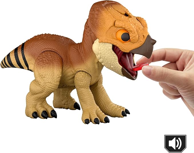Mattel Jurassic World Rebirth Primal Protector Aquilops Dolores Interactive Dinosaur Toy with Attack Action & Sounds, Pet-Style Electronic Figure with Food Accessory