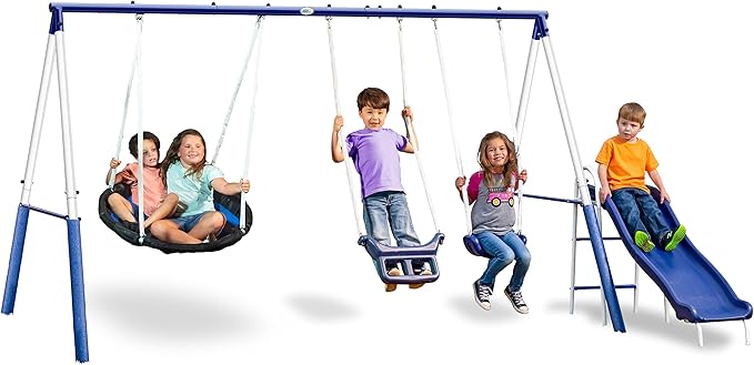 Swingin' More Fun - 5 User / 4 Station Swing Set with 5' Wave Slide, Outdoor for Kids. Easy Assembly Metal Frame Backyard Playground Set. 148" L x 93" Deep x 73" H, by XDP Recreation a USA Company