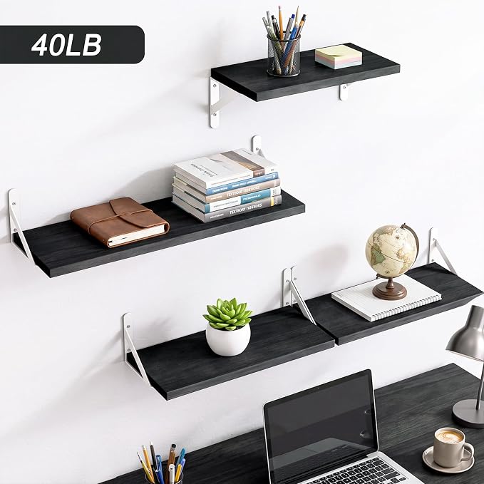 YGEOMER Floating Shelves for Wall, Different Sizes Black Wall Shelves for Living Room, Bathroom, Bedroom, Kitchen, Home Decor (Set of 4)