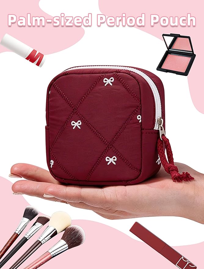 Period Bag for Girls, Quilted Period Pouch for Women, Sanitary Napkin Storage Bag Menstrual Pad Pouches Tampon Holder for Purse Pad Bag Gifts for Teen Girls(Red)