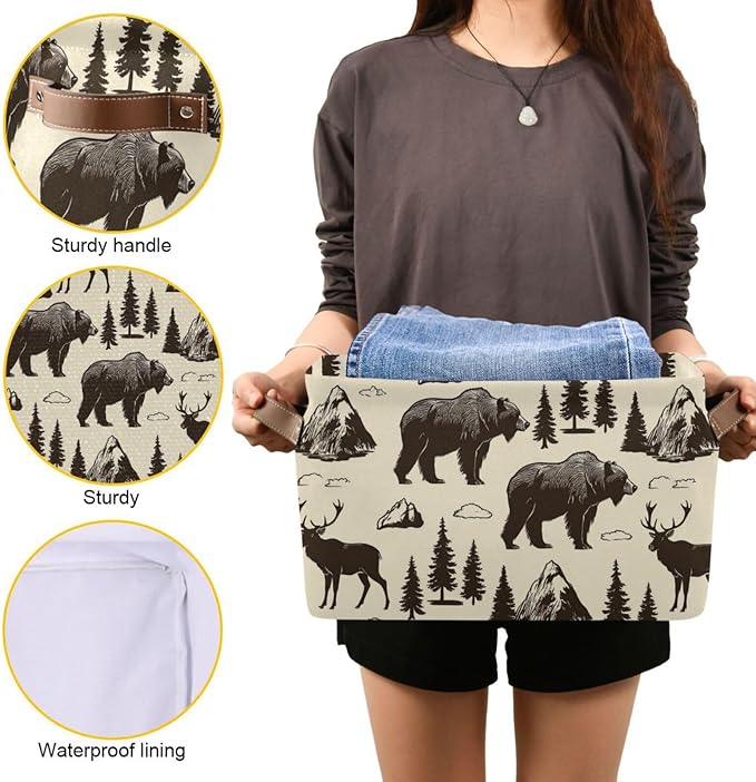 Aslsiy Storage Basket Vintage Deer Bear Moose Nursery Bins National Park Baby Box Canvas Clothes Shelf Basket Laundry Hamper for Home Closet 1 Pcs