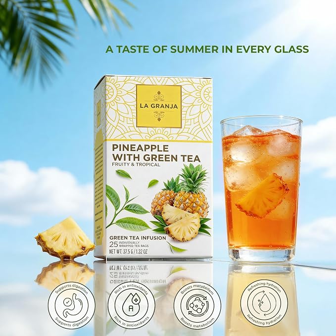 Life Plus Style Gourmet La Granja Pinapple Green Tea Premium Unsweetened Naturally Caffeinated Hot or Iced No Sugar Tropical Pineapple Fruity Gift Green Tea Flavored Individually Wrapped 25 Tea Bags