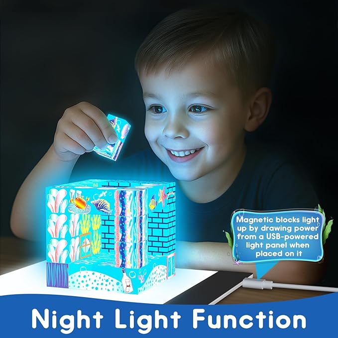 Magnetic Building Blocks-135 PCS Growing Ocean Magnet Cubes Tiles with USB Light Panel,STEM Sensory Construction Toys Set Christmas Birthday Gifts for Kids Boys Girls Toddlers Ages 3+,4-8,6-8
