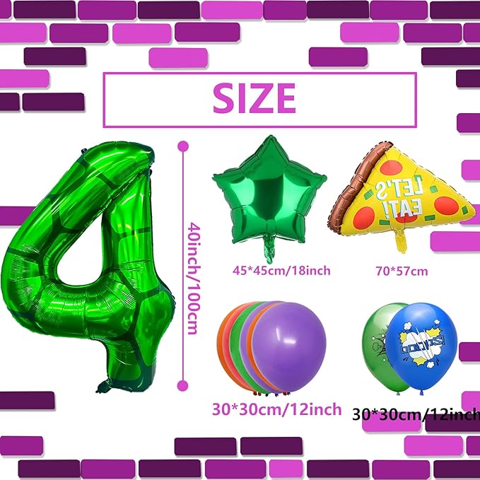 11Pcs Cartoon Turtle Theme Birthday Decorations 40 Inch Number 4 Foil Balloons Super Green Turtle Themed Hero Large Mylar 4th Number Balloon Video Game Pizza Balloons Party Favors Red