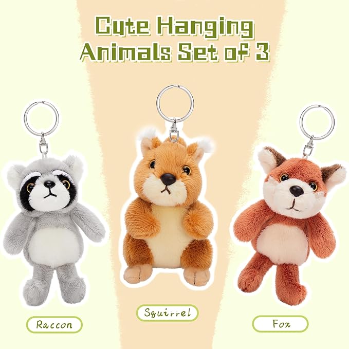 3Pcs Bulk Woodland Animal Keychain Plush Toy, 5" Cute Raccoon, Squirrel, Fox Stuffed Animal Keyring Pendants, Stuffed Forest Animals for Baby Shower Birthday Party Decor Backpack Charms
