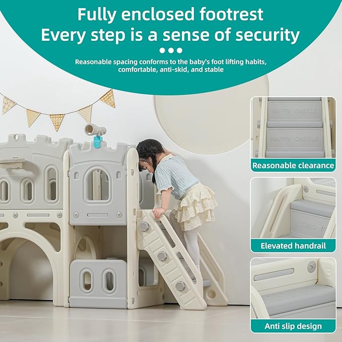 8 in 1 Toddler Slide, Castle-Themed Indoor Outdoor Playground for Toddlers Age 1+ with Extra-Long Slide, Basketball Hoop and Ball, Telescope, Tunnel, Storage Space, Baby Climber Playset, Grey