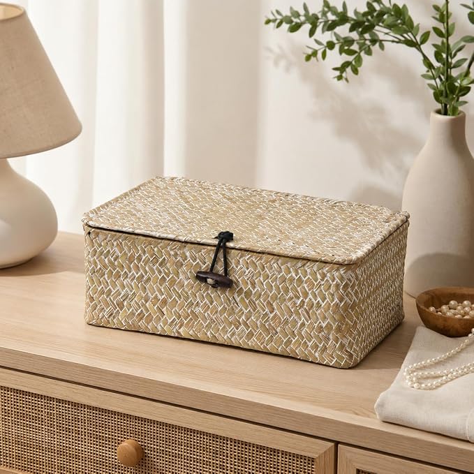 Seagrass Wicker Storage Basket with Lid, Small, Whitewash | 9.05 x 5.11 x 3.34 Inch Box, Shelf Organizer, Rectangular Woven Bin, Small Item Storage, Decorative Finish