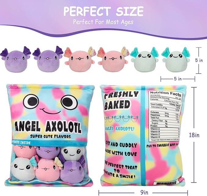 Axolotl Plush Pillow Throw Pillow, Cute Axolotl Plush Toys Doll, Stuffed Axolotl Gift for Kids, Birthday, Christmas, Baby Shower (6 pcs, Colorful)