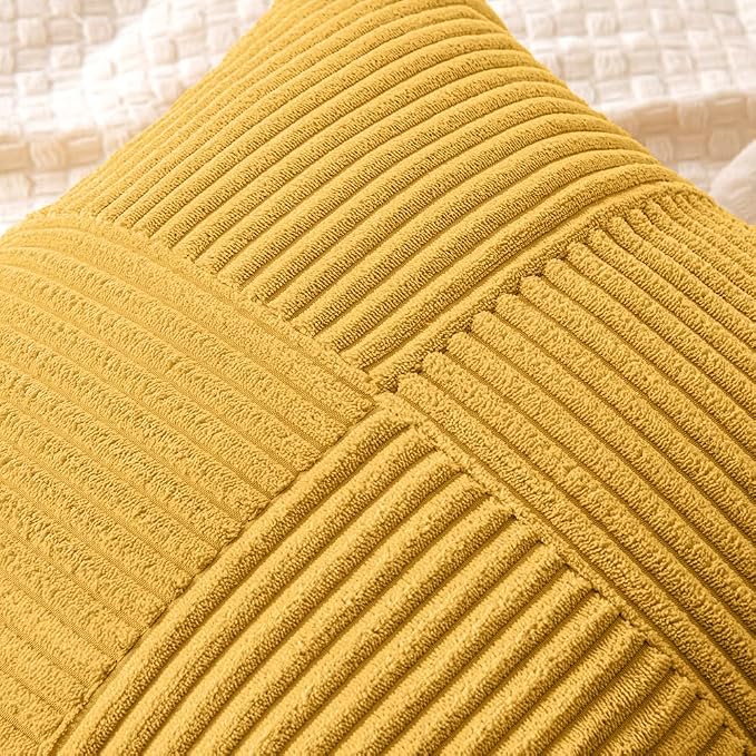 MIULEE Mustard Yellow Decorative Throw Pillow Covers for Couch 20x20 Inch | 2 Pack, Boho Farmhouse Pillow Covers, Soft Cross Corduroy Patchwork Textured Cushion Cases For Bed Sofa