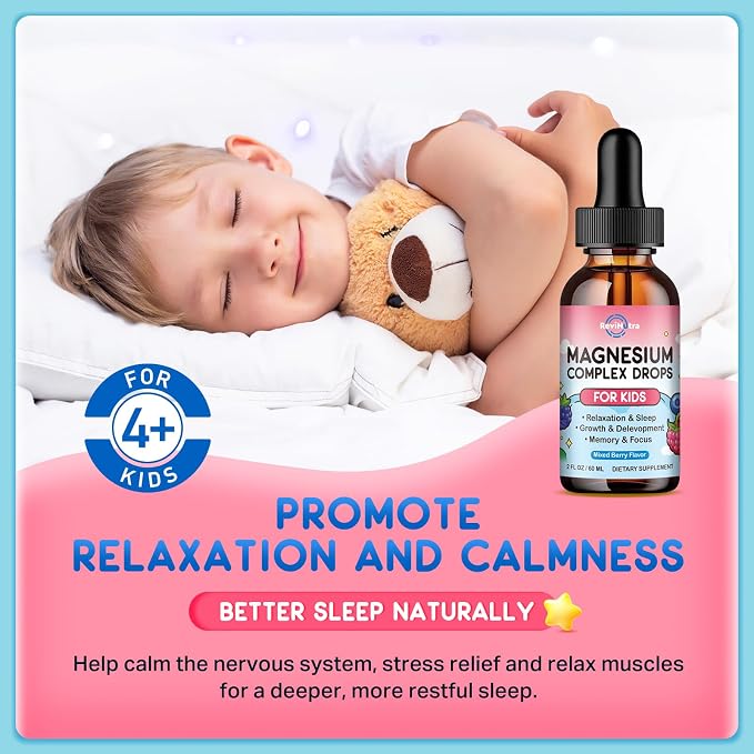 (2 Pack) Magnesium Glycinate Liquid for Kids, Kids Magnesium Liquid Drops Supplement with L-Theanine, Calcium, Zinc, Vitamin D3 K2 for Sleep Calm Relaxation Brain Bones, Mixed Berry Flavor 4 Fl Oz